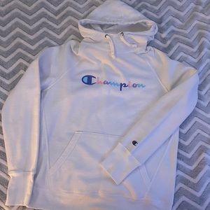 White Champion Hoodie with Colorful Logo - Size M